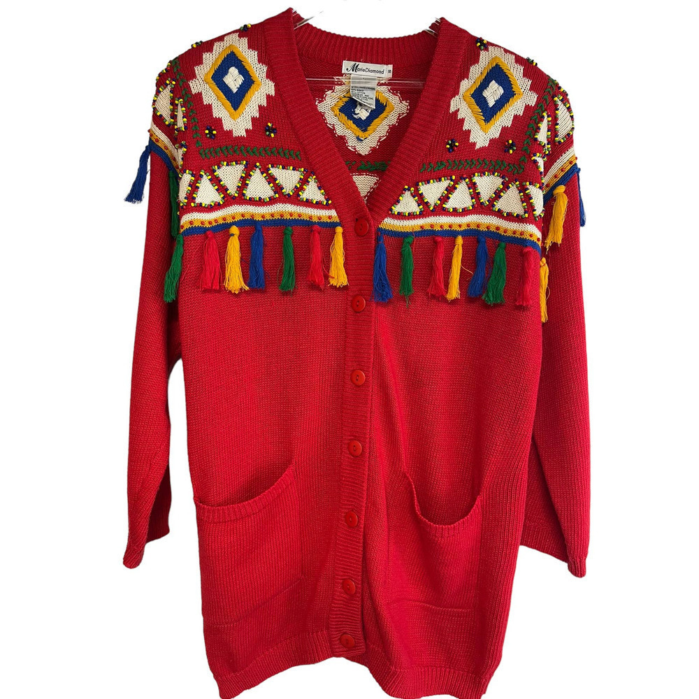 Vintage 1992 Marie Diamond Beaded  Aztec Southwestern Cardigan Sweater